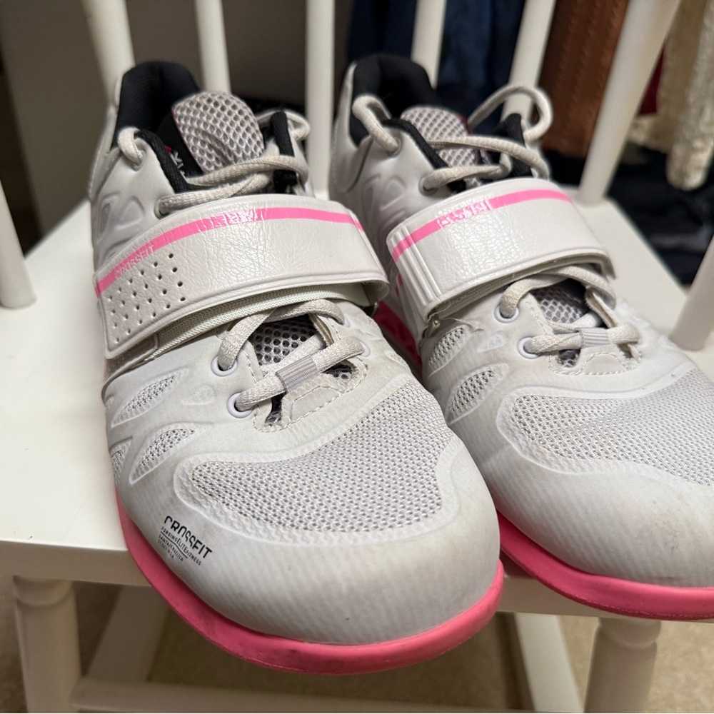 Reebok White and Pink Athletic Weightlifting Shoes with Midfoot Strap